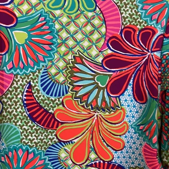 Trina Turk unique sleeved olive green/cranberry/ orange multi-colored top. Sm. - Picture 5 of 11
